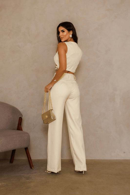 Calça Pantalona Cós Invisível Bolso Faca Detalhe Nervura Alfaiataria