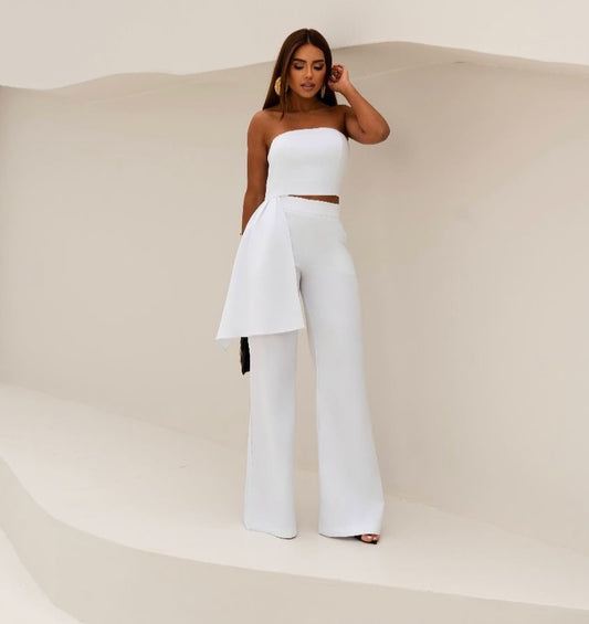 Conjunto Top Strapless Fluido Calça Flare