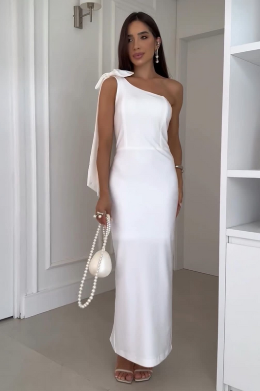 Vestido Chanel Assimétrico Drapeado Branco