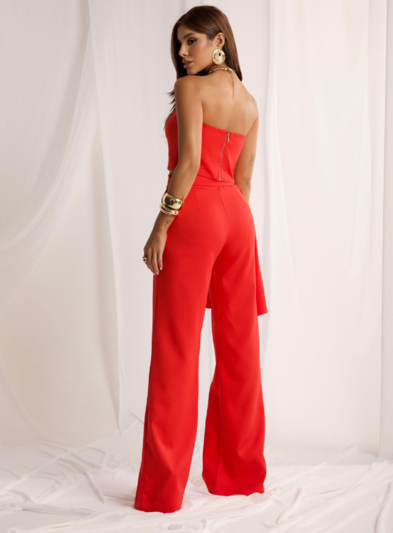 Conjunto Top Strapless Fluido Calça Flare