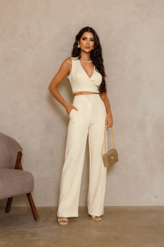 Calça Pantalona Cós Invisível Bolso Faca Detalhe Nervura Alfaiataria