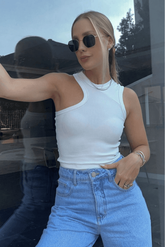 Blusa Cropped Regata Assimétrica Basic Slim Canelado Power